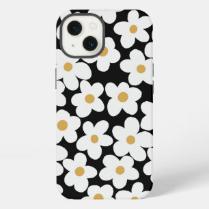 Retro White Yellow Big Daisy Flowers Black Design iPhone 13 Case
