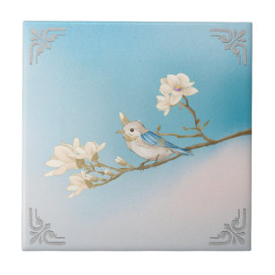 Retro WhiteBlue Bird and Bloom Art Tile