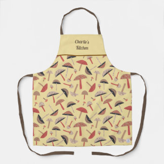 Retro Wild Mushrooms Whimsical Yellow Botanical Apron
