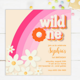 Retro Wild One Daisy Birthday Pink Invitation