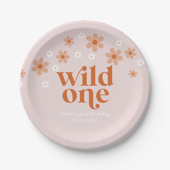 Retro wild one daisy boho first birthday paper plate (Front)