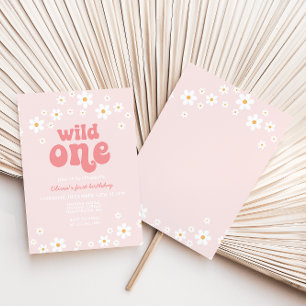 Retro wild one daisy boho floral first birthday invitation