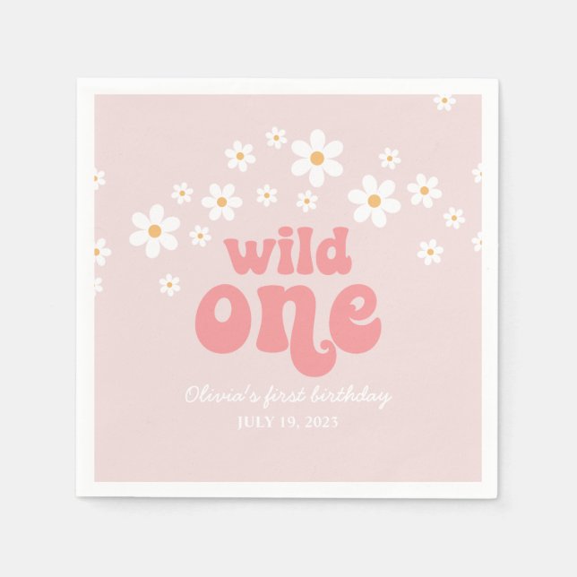 Retro wild one daisy boho floral first birthday napkin (Front)