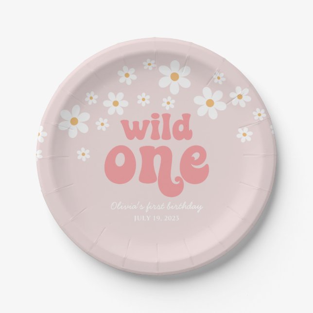 Retro wild one daisy boho floral first birthday paper plate (Front)