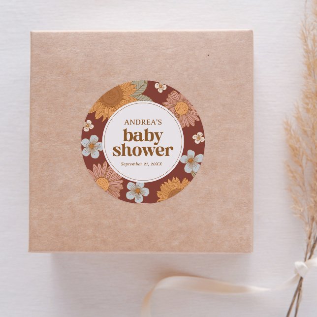 Retro Wildflowe Baby Shower Classic Round Sticker (Creator Uploaded)