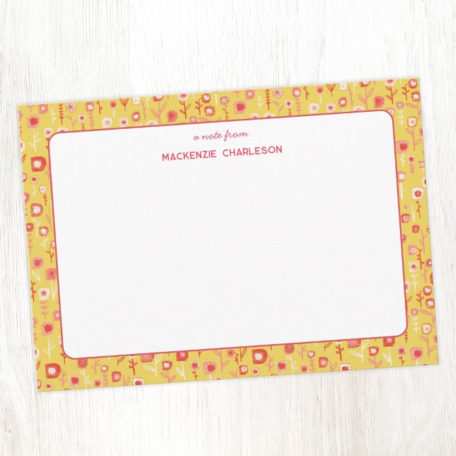 Retro Wildflower Fun Personalised Card (Fun retro pink and yellow flowers personalized stationery notecards)