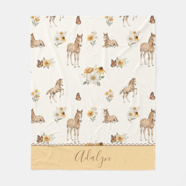 Retro Wildflower Horse and Butterfly Pattern  Fleece Blanket (Front)