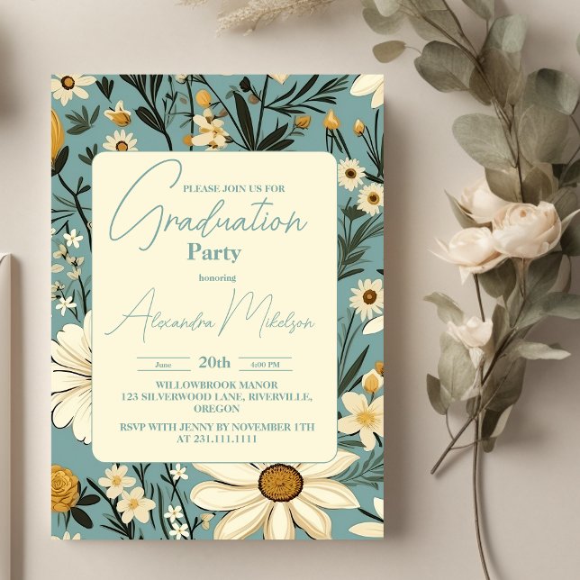 Retro Wildflower Meadow Garden Graduation  Party Invitation (Creator Uploaded)
