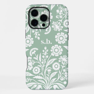 Retro Wildflower Mint Green Floral Monogram iPhone 16 Pro Max Case