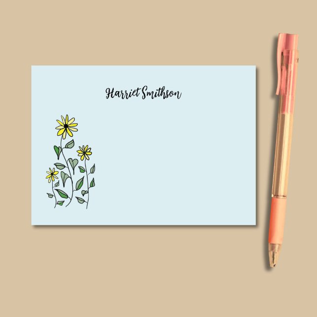 Retro Wildflowers Personalised Pastel Sky Blue Post-it Notes (Bright yellow wildflowers look peppy and cheery against a sky blue background.)
