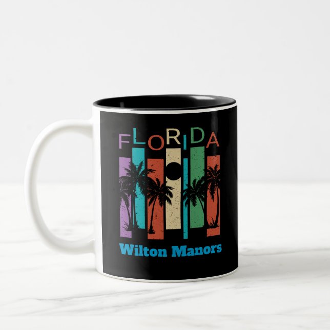 Retro Wilton Manors Florida Palm Tree Souvenir Two-Tone Coffee Mug (Left)
