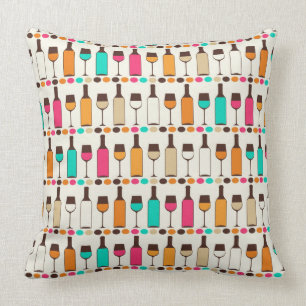 Retro wine bottles and glasses cushion
