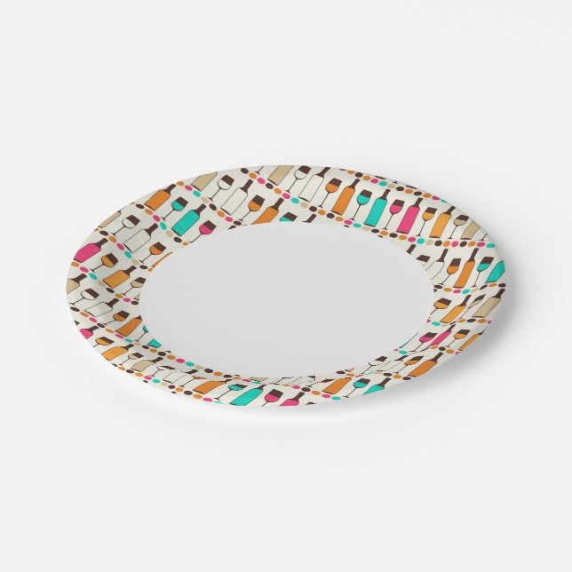 Retro wine bottles and glasses paper plate (Angled)