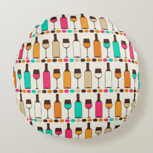 Retro wine bottles and glasses round cushion