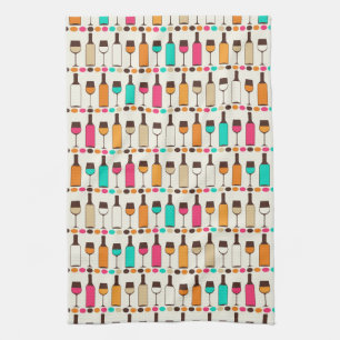 Retro wine bottles and glasses tea towel