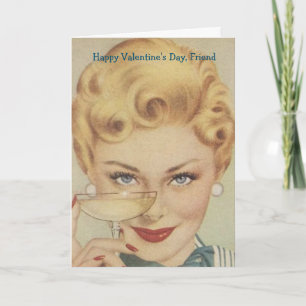 Retro - Wine, Food & Friends on Valentine's Day, Holiday Card