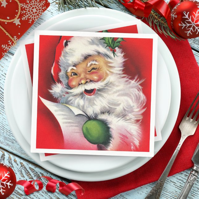 Retro Winking Santa Checking His List Napkin (Retro Winking Santa Checking His List Napkins)