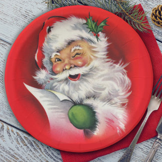 Retro Winking Santa Checking His List Paper Plate