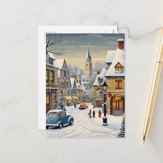 Retro Winter Cityscape Holiday Postcard (Front/Back In Situ)