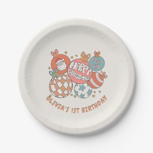 Retro Winter Santa Christmas Birthday Party Paper Plate (Front)