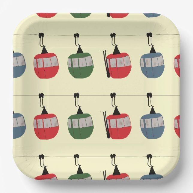 Retro Winter Ski Gondola Lift Skiers Cream Paper Plate (Front)