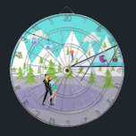 Retro Winter Ski Resort Dart Board<br><div class="desc">This Retro Winter Ski Resort Dart Board has something for everyone. The picturesque cartoon drawing features a snow-covered mountain range with green cedar trees. A lone skier, wearing red, orange, and royal blue, can be seen swooshing down the tallest mountain. Snow is continuing to fall from clouds in the turquoise...</div>