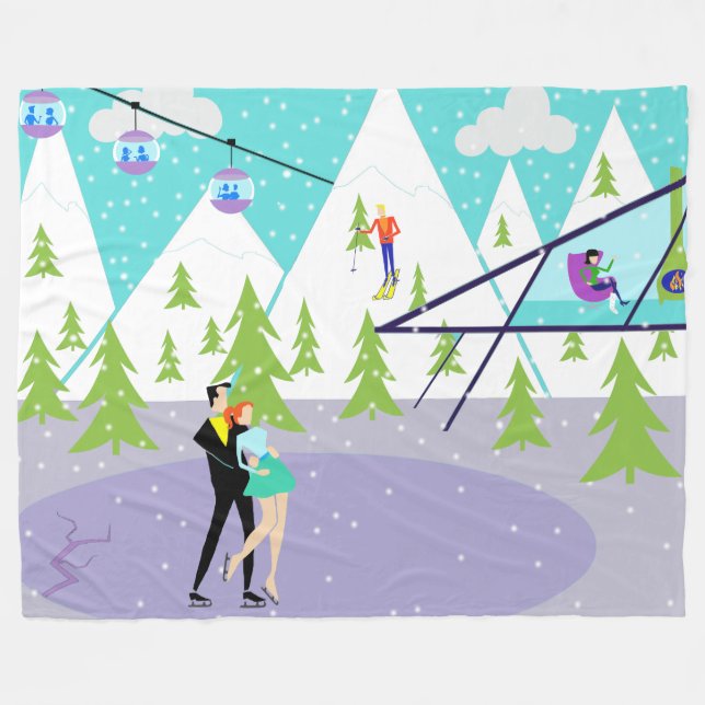 Retro Winter Ski Resort Fleece Blanket (Front (Horizontal))