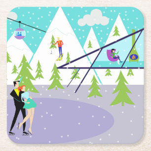 Retro Winter Ski Resort Paper Coasters