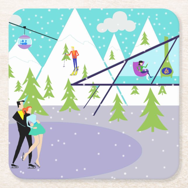 Retro Winter Ski Resort Paper Coasters (Front)