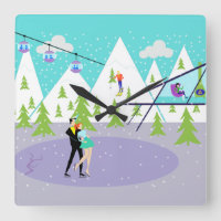 Retro Winter Ski Resort Wall Clock
