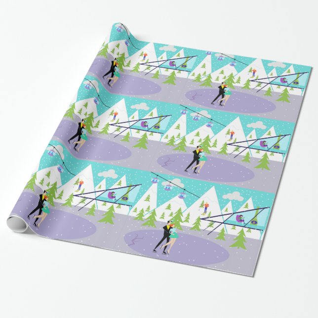 Retro Winter Ski Resort Wrapping Paper (Unrolled)