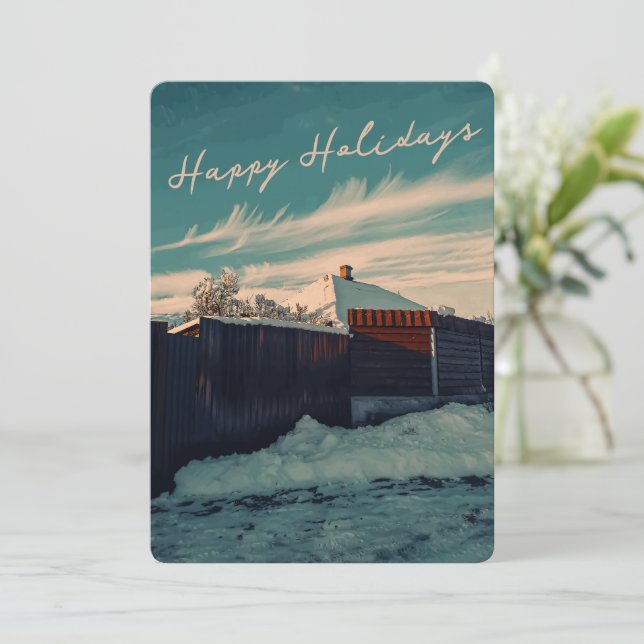 Retro Winter Snow Landscape Teal Sky Holiday Card (Standing Front)