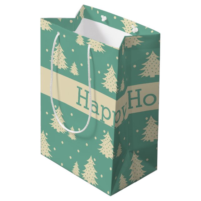 Retro Winter Trees on Turquoise With Text Band Medium Gift Bag (Back Angled)