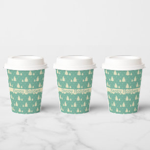 Retro Winter Trees on Turquoise With Text Band Paper Cups