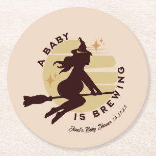 Retro Witch Baby is Brewing Baby Shower    Round Paper Coaster