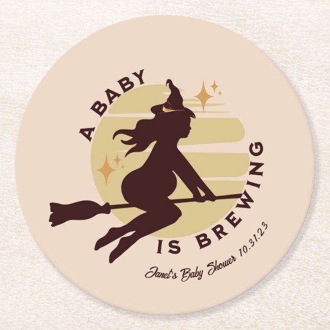 Retro Witch Baby is Brewing Baby Shower    Round Paper Coaster (Front)