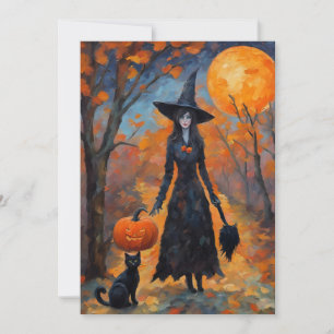 Retro Witch, Black Cat and Pumpkin, Halloween  Holiday Card