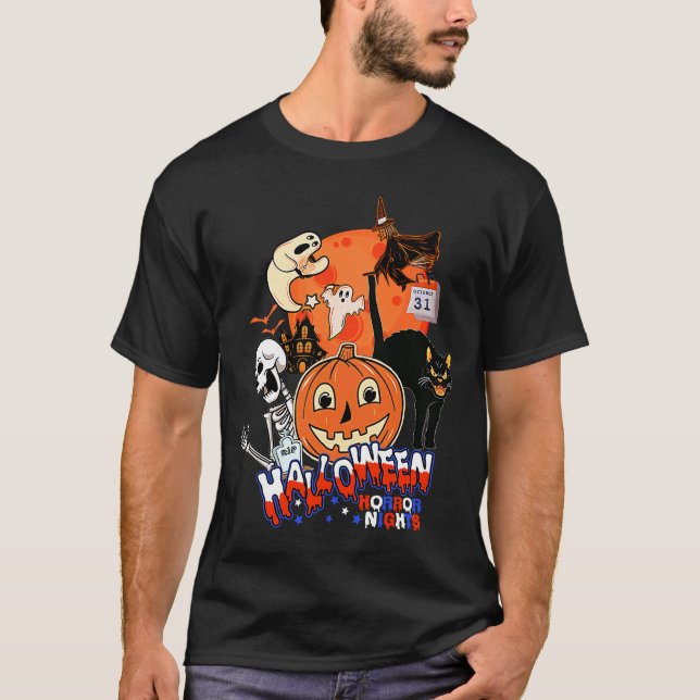 Retro Witch Ghost Pumpkin Black Cat Skeleton  Hall T-Shirt (Front)