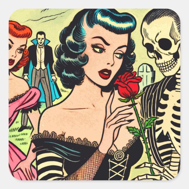 Retro Witch Vampire Girl Horror Comics Square Sticker (Front)