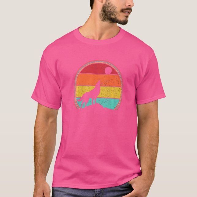 Retro Wolf Howling At The Moon T-Shirt (Front)