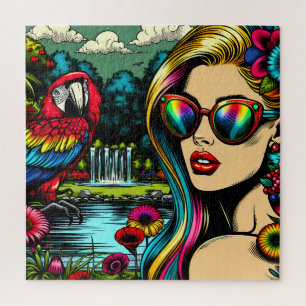 Retro Woman and Parrot in the Park Pop Art Jigsaw Puzzle