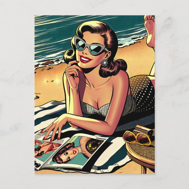 Retro Woman at Beach reading a Fashion Magazine Postcard (Front)