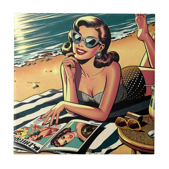 Retro Woman at Beach reading a Fashion Magazine Tile (Front)