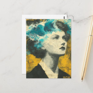 Retro Woman Brain Waves mixed media Collage Postcard