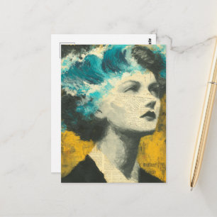 Retro Woman Brain Waves mixed media Collage Postcard