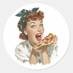 Retro Woman Enjoying Pizza Slice Classic Round Sticker
