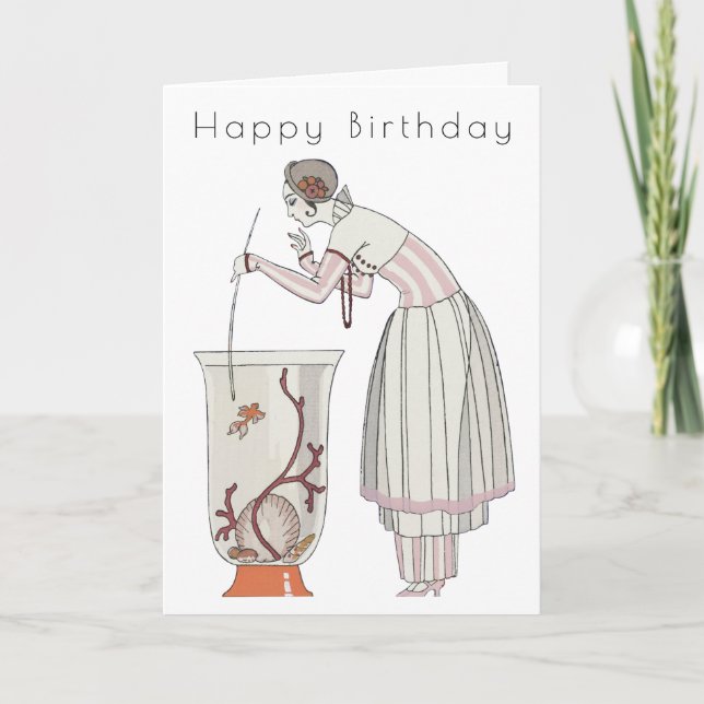 Retro Woman Fish Bowl Art Deco Birthday Card (Front)