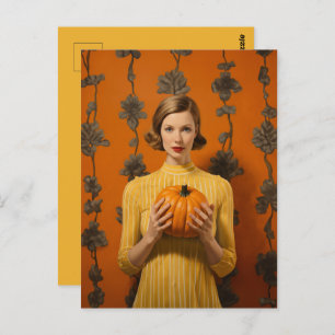 Retro Woman Holding a Pumpkin Postcard