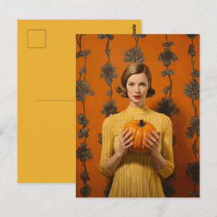 Retro Woman Holding Pumpkin Postcard