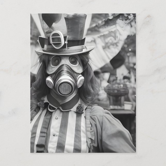 Retro Woman in a Gas Mask at a Carnival Postcard (Front)